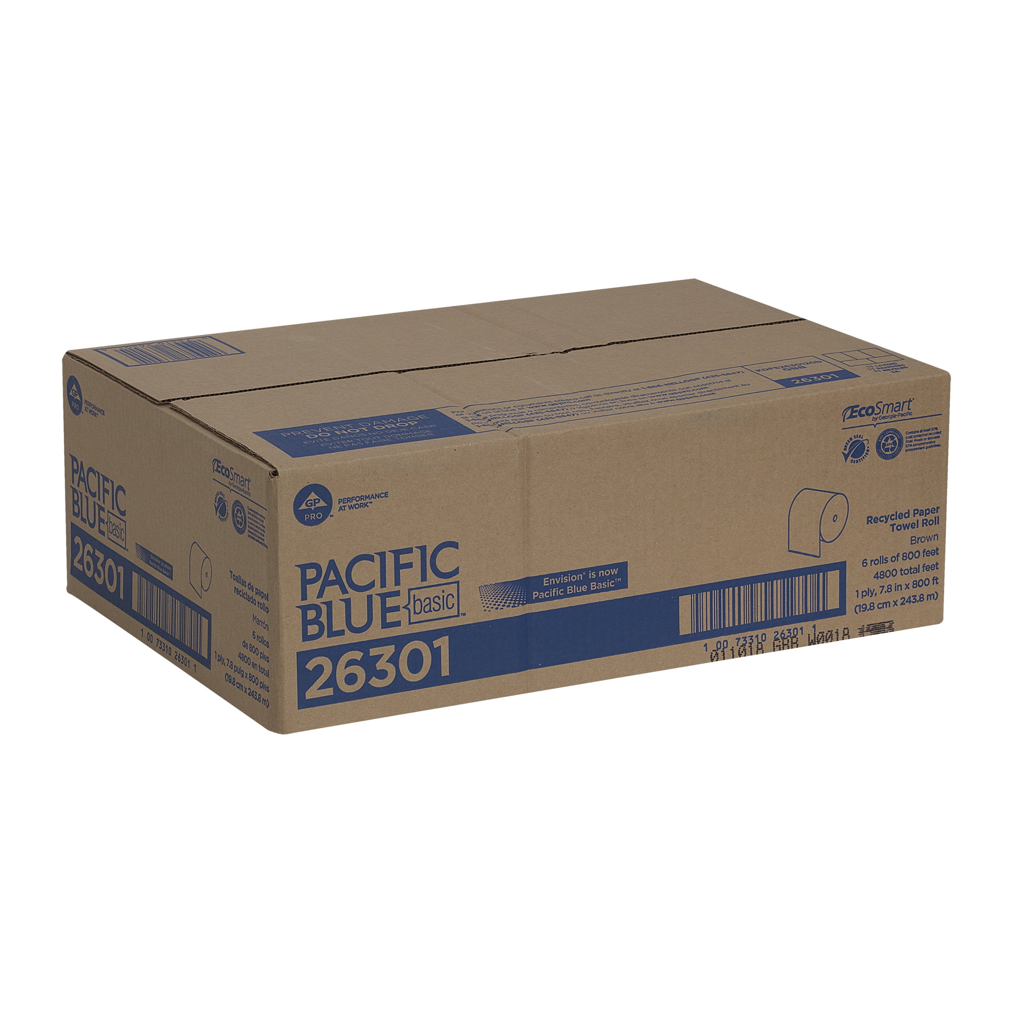 Georgia Pacific Professional 26301 Pacific Blue Basic Recycled 800 ft. x 7.87 in. Hardwound Paper Towel Rolls - Brown (800-Piece/Roll, 6 Rolls/Carton)