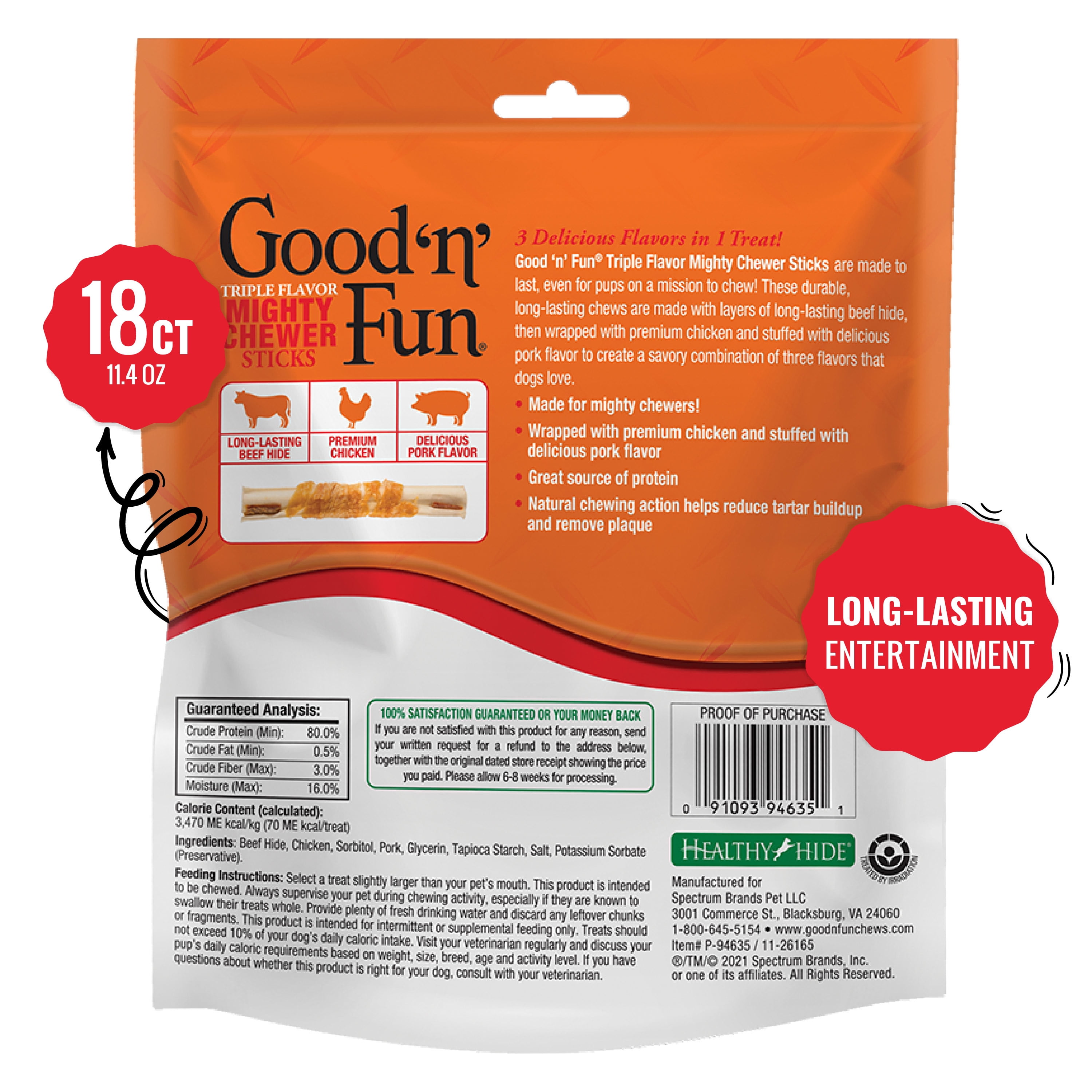 Good 'n' Fun Triple Flavor Mighty Chewer Sticks, Long Lasting Rawhide Chew Treats for All Dogs, 18 Count