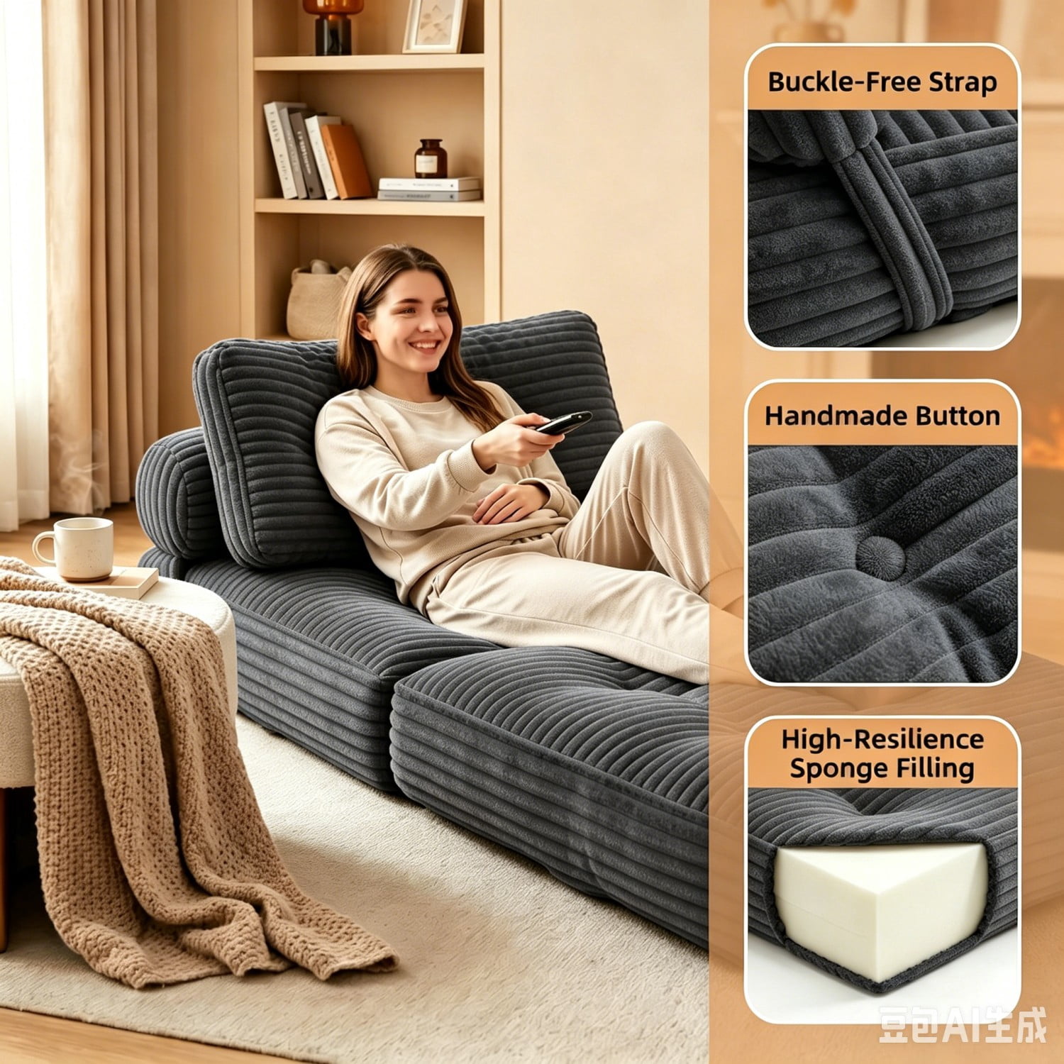 Folding Sofa Bed, Convertible Sleeper Chair with Pillow, Foldable Floor Couch Bed with Back Support, Portable Lounge for Living Room Bedroom, Dark Gray