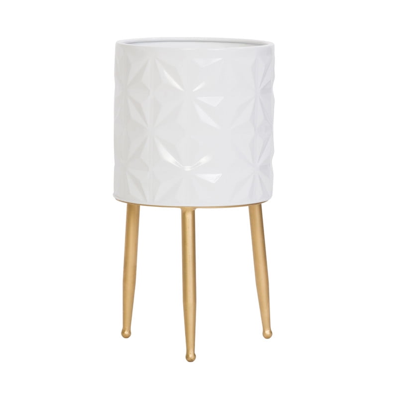 Geometric Metal Planter Pot With 3-Leg Gold Metal Base - White - 15.75"H x 8.5"W