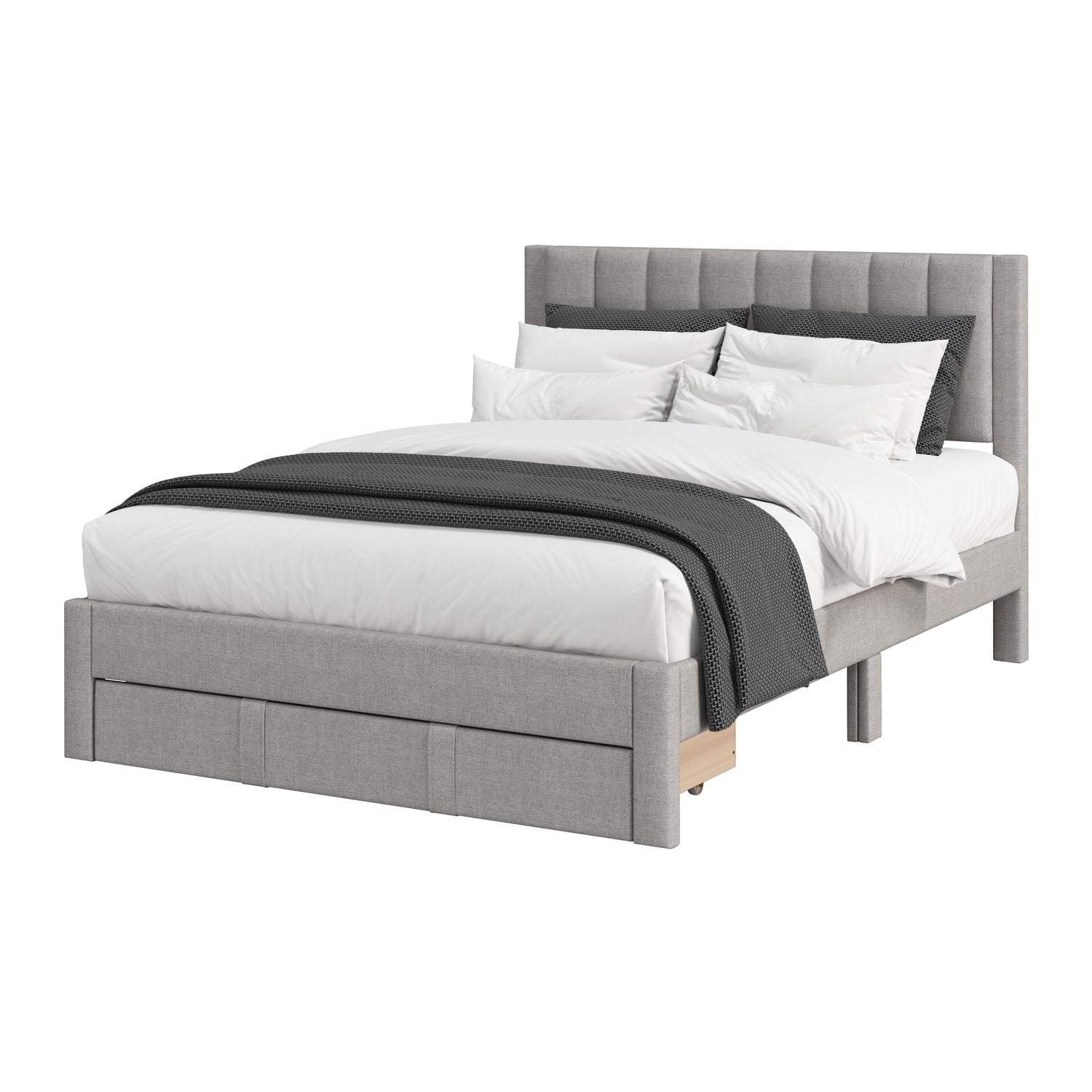 Lit plateforme capitonné gris clair CorLiving Metro avec rangement et tiroirs en format double/double et grand lit