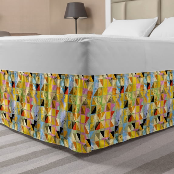 Geometric Bed Skirt, Creative Abstract Pattern of Colorful Squares in Grunge Design with Strokes, Elastic Bedskirt Dust Ruffle Wrap Around for Bedding Decor, 4 Sizes, Multicolor, by Ambesonne
