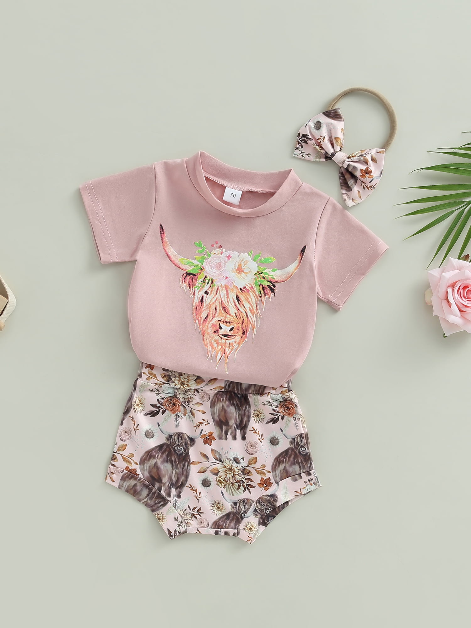 Mini Lady Toddler Girl 3pcs Strawberry Allover Shirred Short-sleeve White Top and Belt Decor Black Shorts with Headband Set