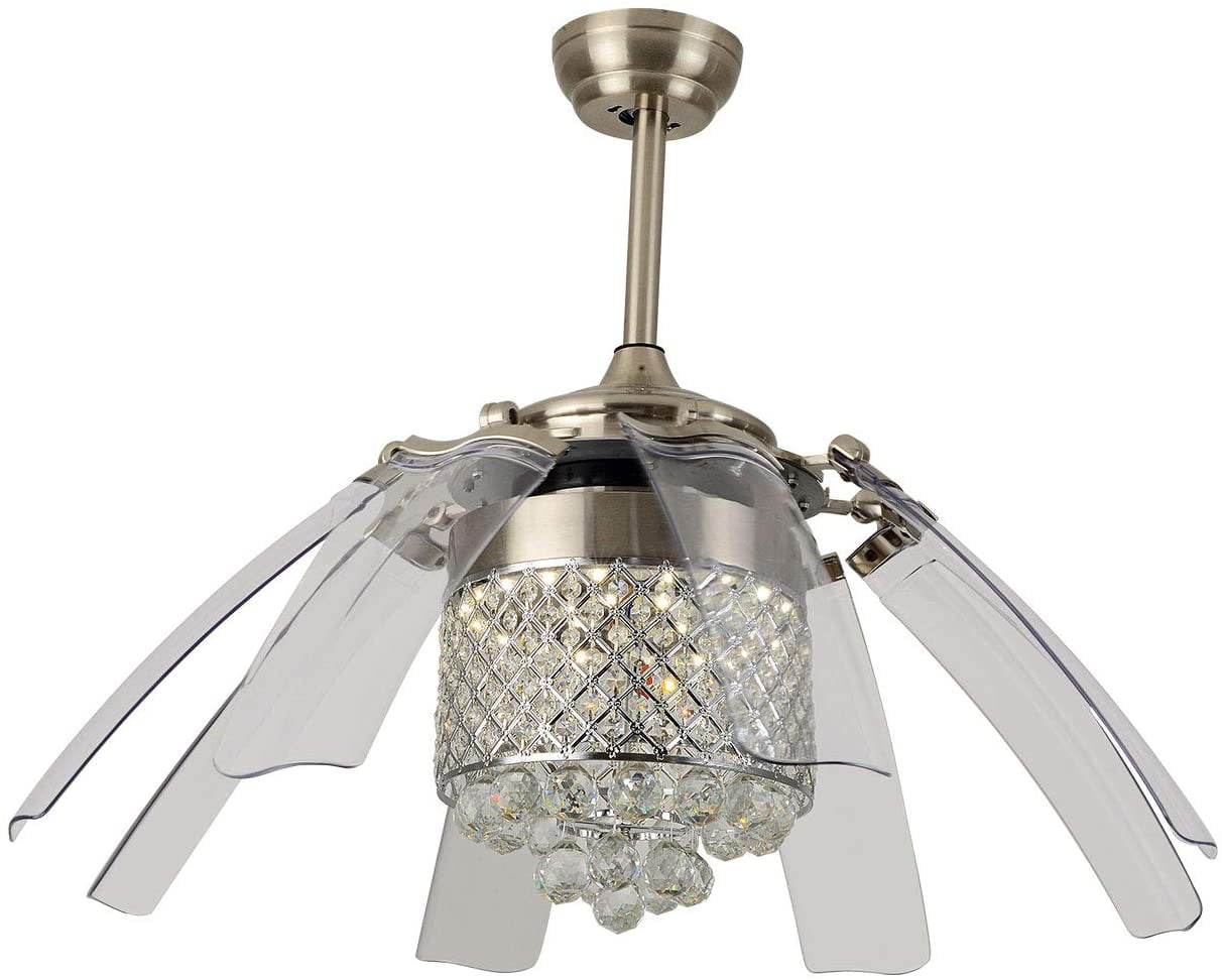 Remote 42" Crystal Invisible Ceiling Fan Light LED Chandelier Silver Fan Lamp 