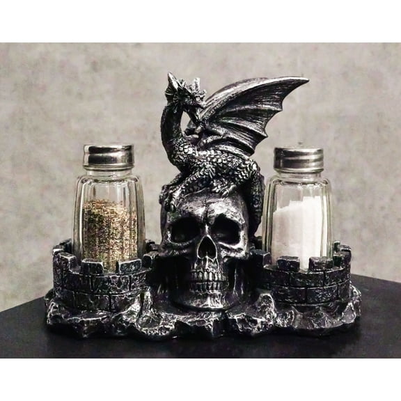 Medieval Dragon On Oversized Skull By Castle Towers Salt Pepper Shakers Holder