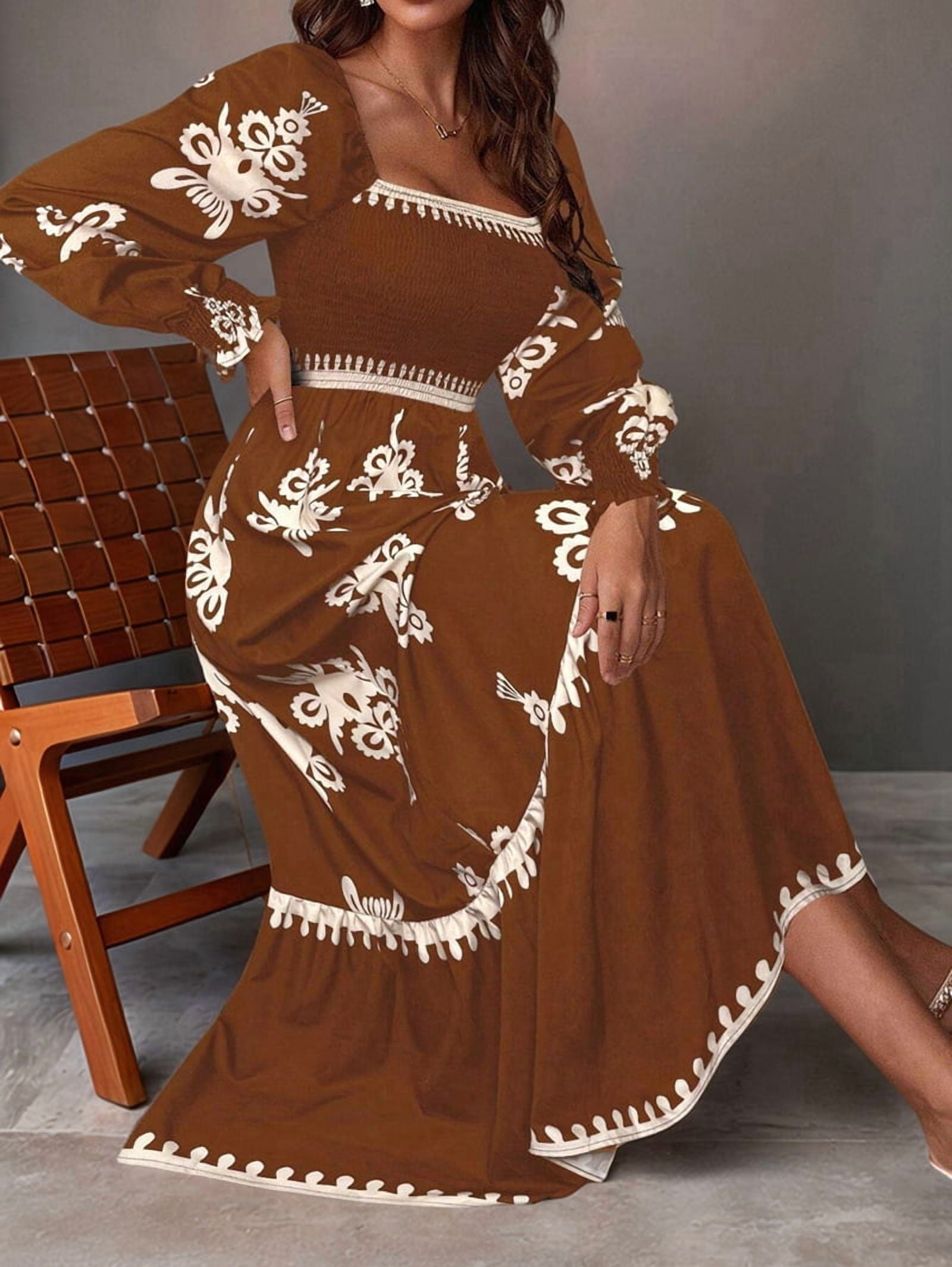 Women'S Autumn Wedding Guest Dress Bohemian Floral Long Sleeve V-Neck Flowing Elegant Maxi Dress Beachwear Brown M