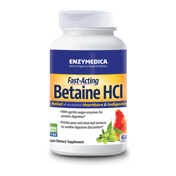 Enzymedica, Betaine HCl, Occasional Heartburn and Indigestion Support, 60 Capsules