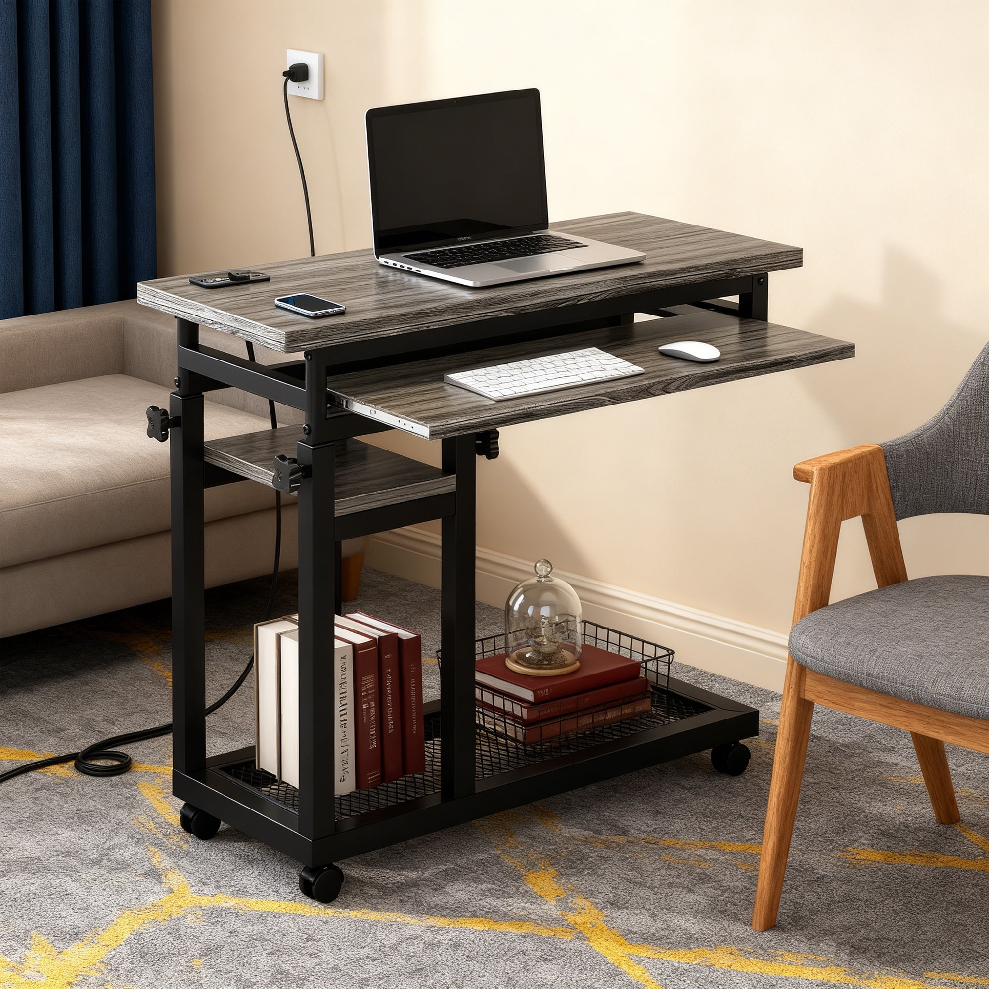 KIOOTTO Height Adjustable C-Shaped Mobile Desk with Power Outlet, USB Ports, Keyboard Tray and Wheels, Grey