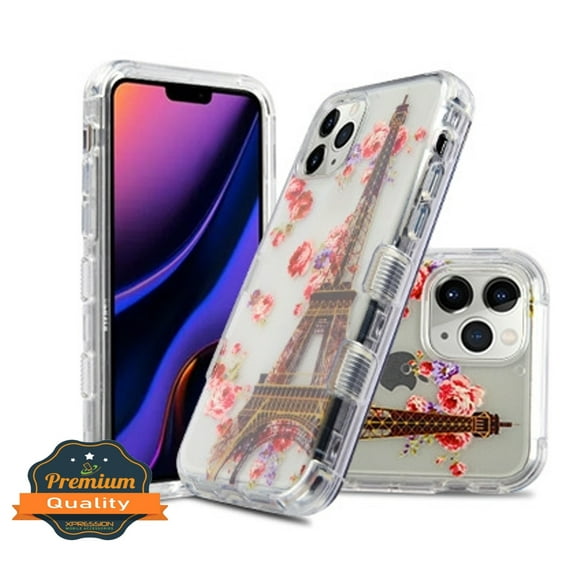 Apple iPhone 11 PRO Phone Case Tuff Hybrid Shockproof Three Layers Rubber Bumper Heavy Duty Cover [Impact Resistant] TPU Silicone Protective Eiffel Tower Flower Cover for Apple iPhone 11 Pro (5.8")