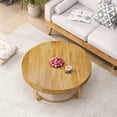 thumbnail image 3 of Modern Round Coffee Table with Metal Legs, Wooden Carving Pattern for Living Room Reception Room Office, Golden, 3 of 8