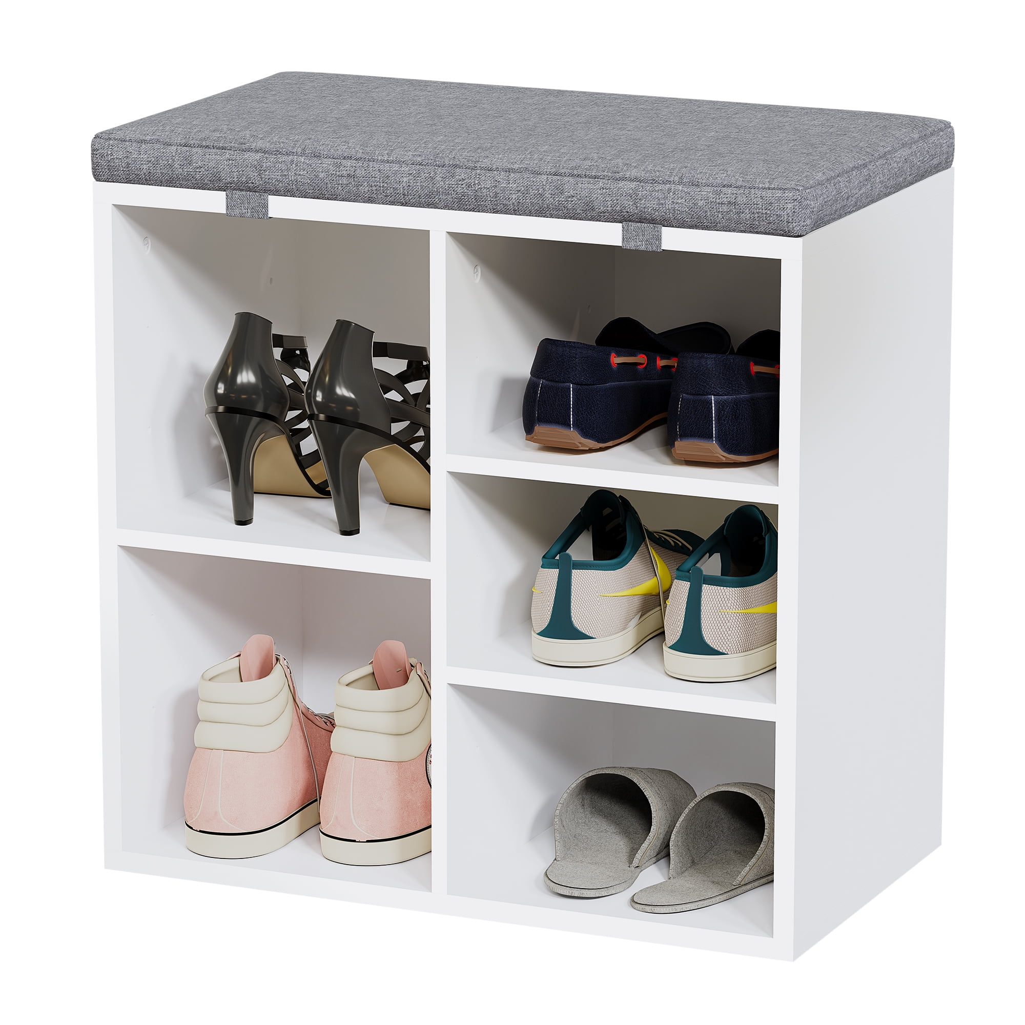 Accreate 20 Inch Shoe Storage Bench with Cushion and Side Pocket – 10 Cubbies Shoe Rack with Adjustable Shelves, White
