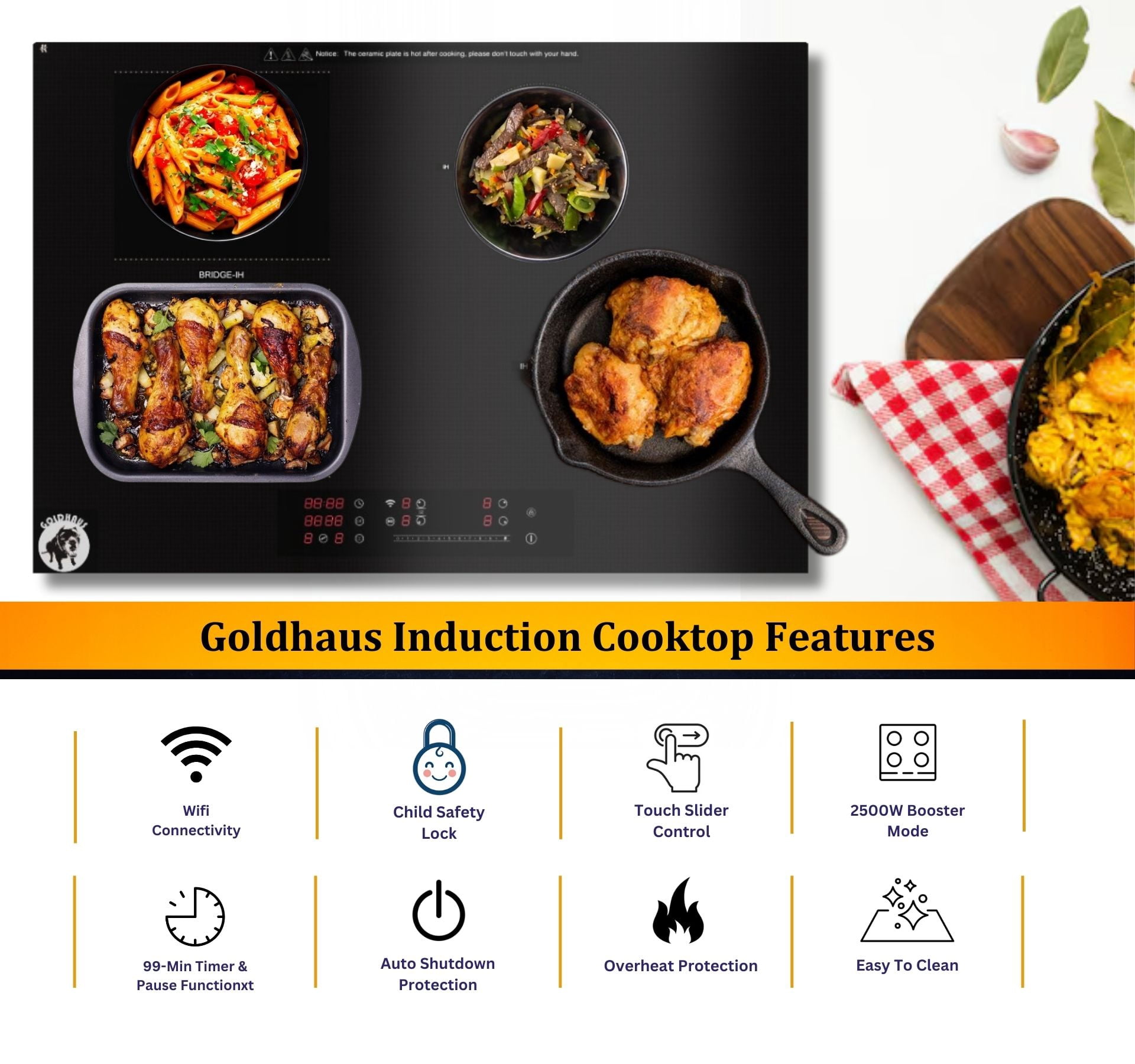 30 Inch Induction Cooktop, 4 Burners with 2500W Booster, Touch Slider Control, 99-Min Timer, WiFi Connectivity, Auto Shut-Off, Built-in Electric Hob, Black Ceramic Glass, 220-240V Hardwired