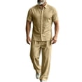 thumbnail image 2 of LEKWK Men Linen Sets Outfits 2 Piece Button Down Short Sleeve Collared Tops and Drawstring Wide Leg Pants Loose Fit Solid Summer Beach Vacation Resort Wear, 2 of 5