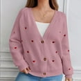 thumbnail image 2 of Women's Fall Winter Heart Pattern V-Neck Casual Simple Style Cardigan Sweater Open Front Long Sleeve Knit Wrap Winter Clothes,Pink,Size L, 2 of 4