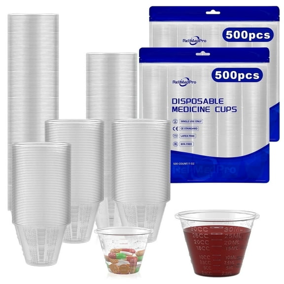 ReliMedPro Disposable Medicine Dosing Cups Graduated, pack of 1000, 1 oz Small Plastic Measuring Cup for Liquid Medication, Paint, Epoxy, Pill and Resin.