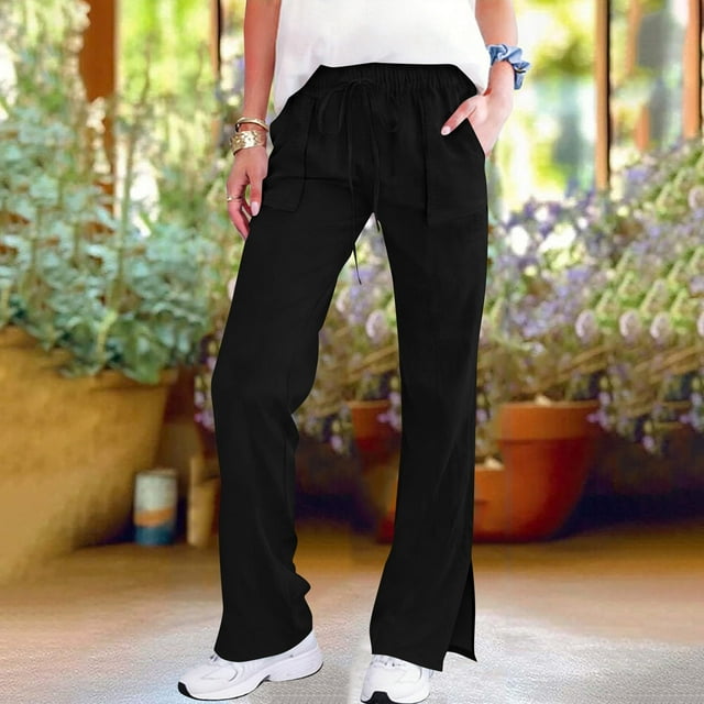 Pincandy Women's Fashion Solid Color Cotton Linen Blend Pants - Elastic Waist with Pockets & Side Slit, Minimalist Straight Leg Design for All-Day Comfort