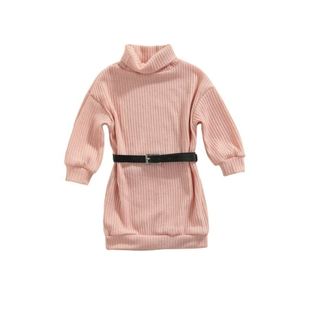 

Toddler Baby Girl Outfits Turtleneck Knit Sweater Dress Kids Solid Ribbed Long Sleeve Dresses +Belt Fall Clothes