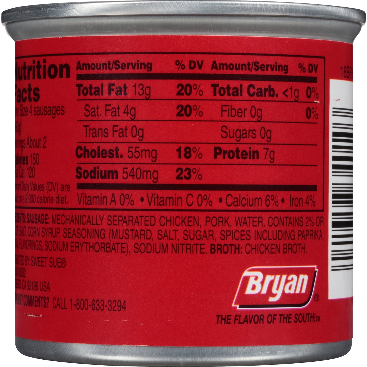 Bryan Vienna Sausage, Gluten Free, Low Carb, 7g Protein per Serving, Convenient Pull-Top Shelf Stable Can, 4.6 oz