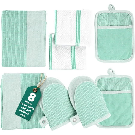 FRKSMD-Potholders & Oven Mitts Heat Resistant 8-Piece Mini Oven Mitt with Silicone Grip Potholder for Kitchens 2 Kitchen Towels & 2 Dish Cloths 2013 Durable & Non-Slip 2013 Sage