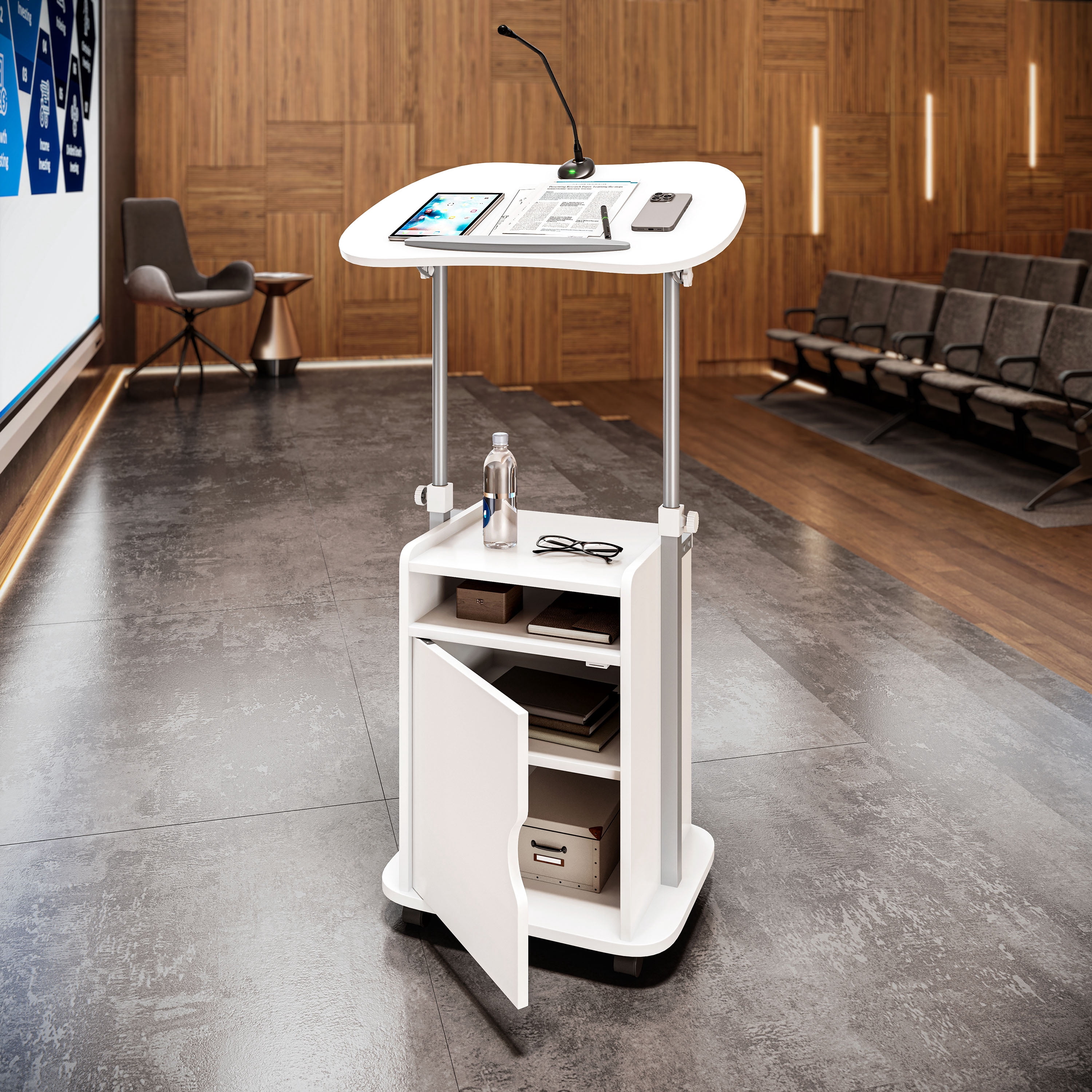 Sit-to-Stand Rolling Height Adjustable Laptop Cart with Closed Cabinet & Open Storage Shelf, Lockable Casters Ergonomic Mobile Standing Desk Podium for Home Office Classroom Bedside