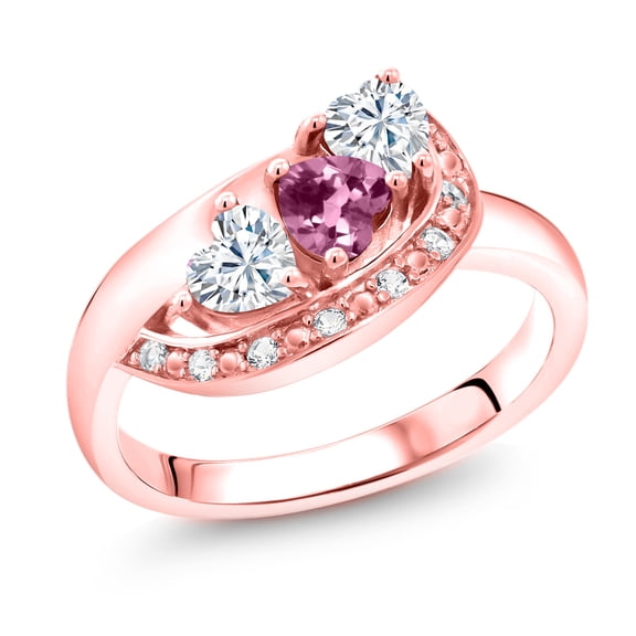 Gem Stone King 18K Rose Gold Plated Silver Pink Tourmaline and White Moissanite and White Created Sapphire Engagement Ring for Women (0.75 Cttw, Gemstone October Birthstone, Heart Shape 4MM, Size 5)