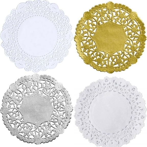 The Baker Celebrations 4" Round Paper Lace Doilies, White and Metallic Silver Gold Foil, Combo 100 Count, Disposable for  Crafts, Parties