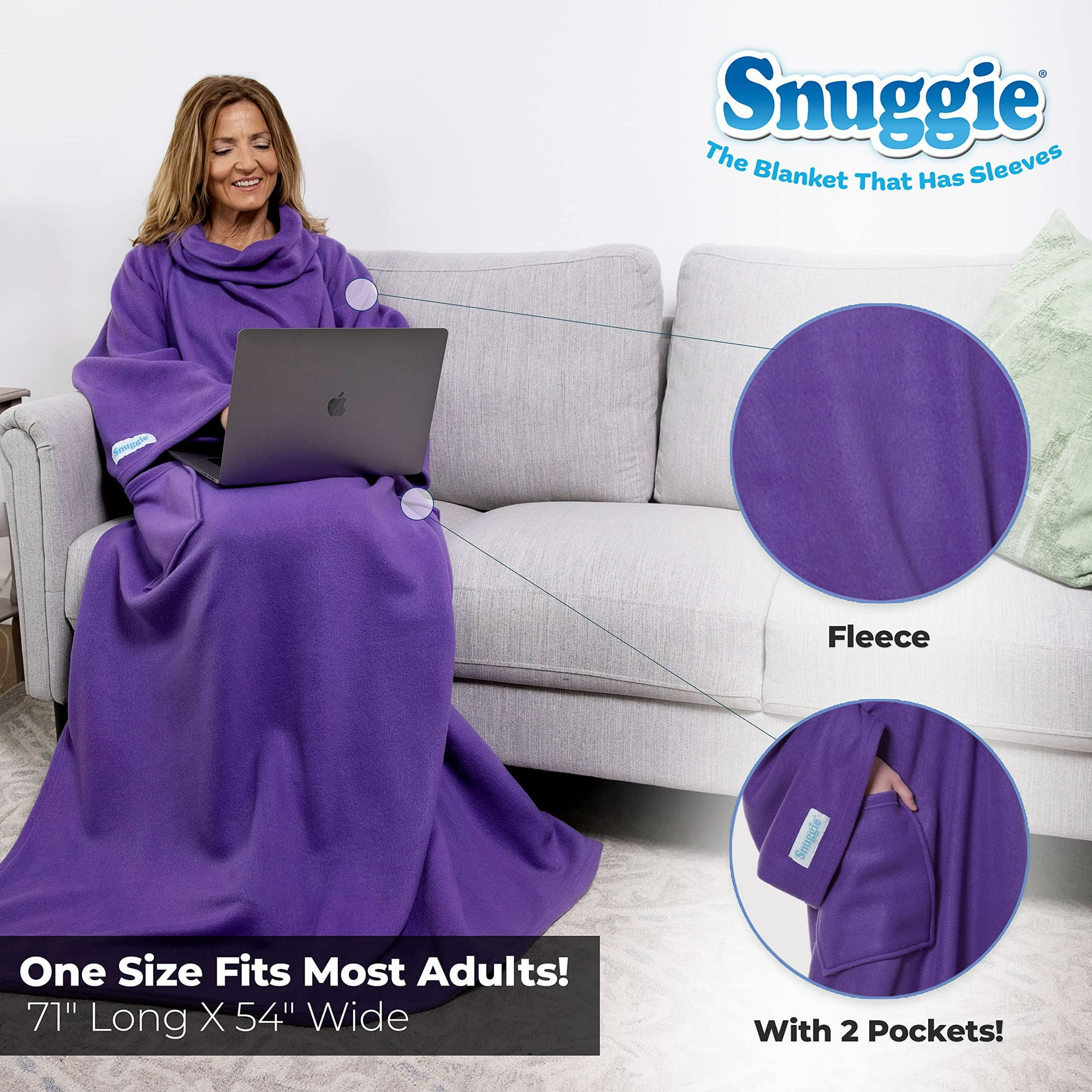 Snuggie soft fleece blanket with sleeves and pockets purple hotsell