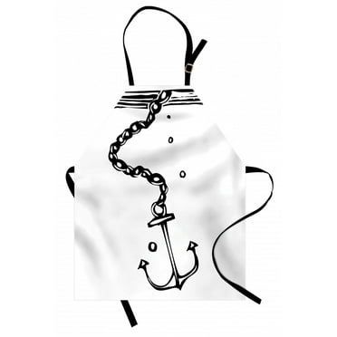 Anchor Apron Nautical Themed Monochrome Illustration with Chains and Sinking Anchor Naval, Unisex Kitchen Bib Apron with Adjustable Neck for Cooking Baking Gardening, Black and White, by Ambesonne