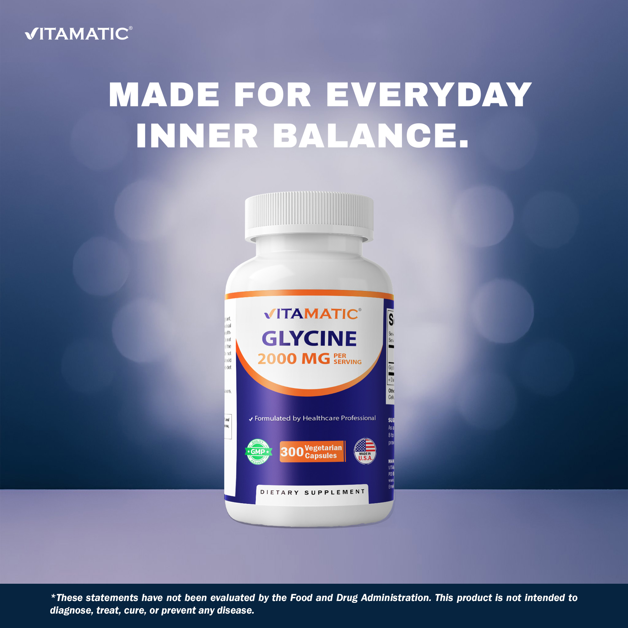 Vitamatic Glycine Supplement, 2000mg Per Serving- 300 Veg Capsules Non-GMO, Gluten Free