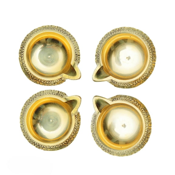 Set of 4 Diya Deepak Pooja Item Brass Oil Lamp for Indian Traditional Pooja Holi Festival Decoration Diya Aarti Lighting Accessories Gift Items Puja Kit(Size-L;2 Inch,W;1.5 Inch H-1)(Golden)