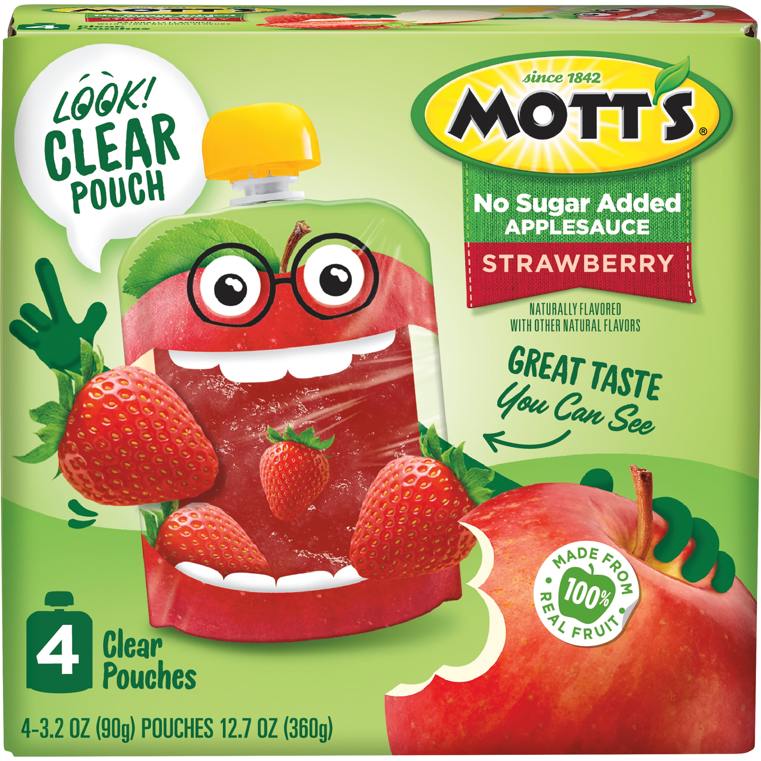 Mott's No Sugar Added Strawberry Applesauce, 3.2 oz, 24 Count Clear Pouches (6 Packs of 4)