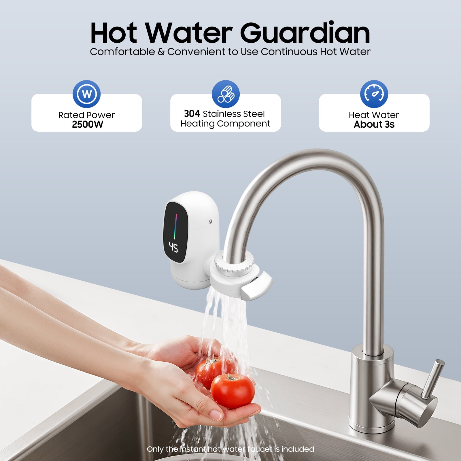 Instant Hot Water Faucet, 2500W Tankless Under Sink Electric Water Heater, 3-Second Heating with Smart LED Display & Adjustable Temperature (86-140°F), 110V for Kitchen Bathroom Washroom