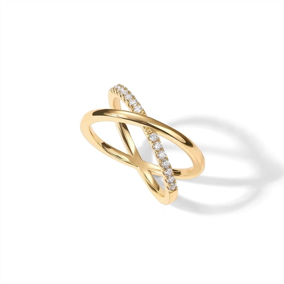 14K Gold Plated X Ring | Simulated Pavé Diamond CZ Criss Cross Ring for Women