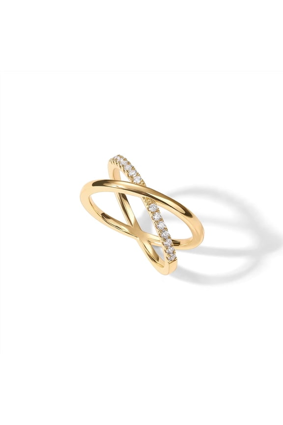 14K Gold Plated X Ring | Simulated Pav Diamond CZ Criss Cross Ring for Women