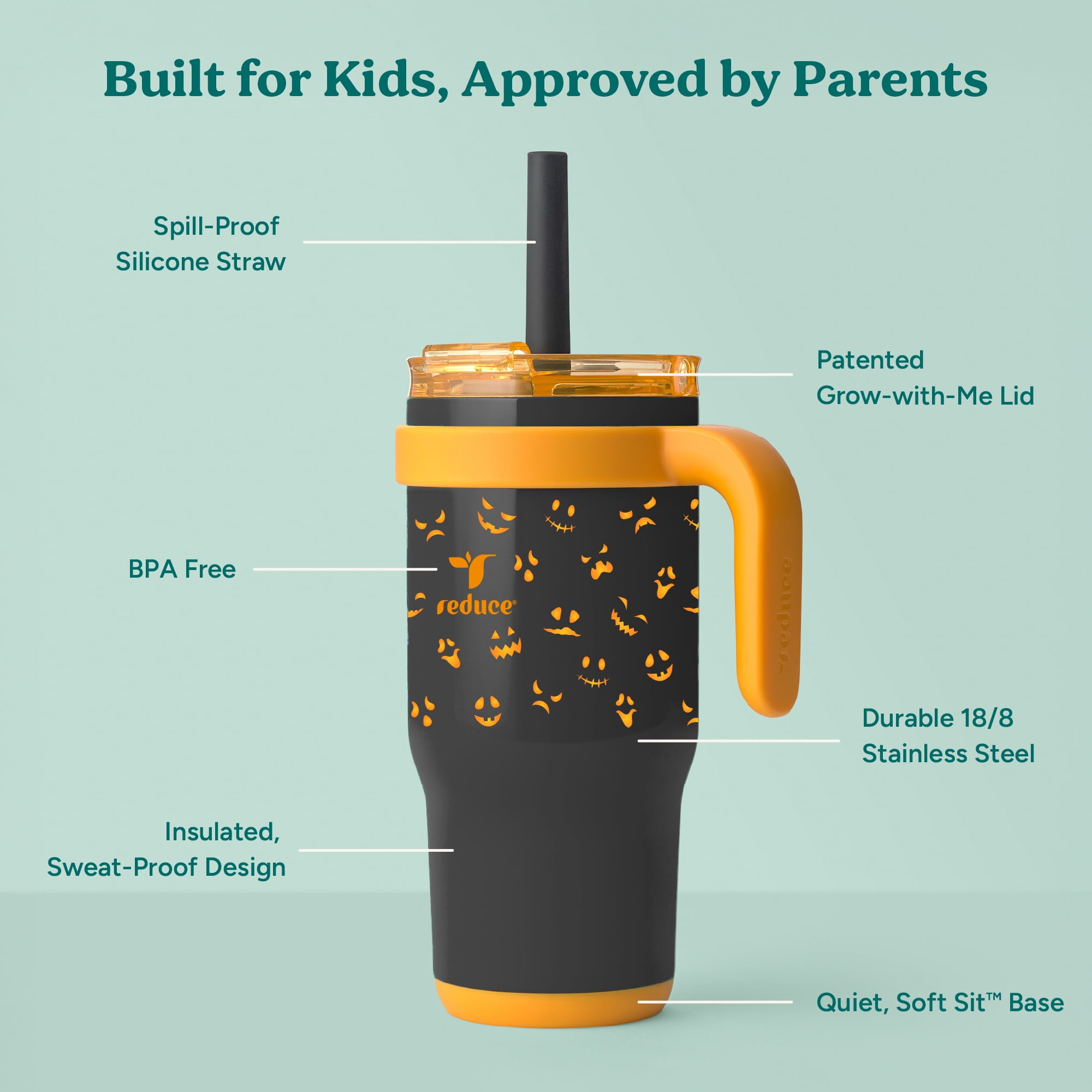 Reduce Coldee Kids 18 oz Halloween Tumbler with Spill-Proof Straw & Handle. Insulated Stainless Steel, Jack-O-Lantern