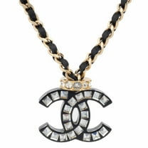 Pre-Owned Chanel Coco Leather Choker Necklace Metal Rhinestone Black Gold Women's...