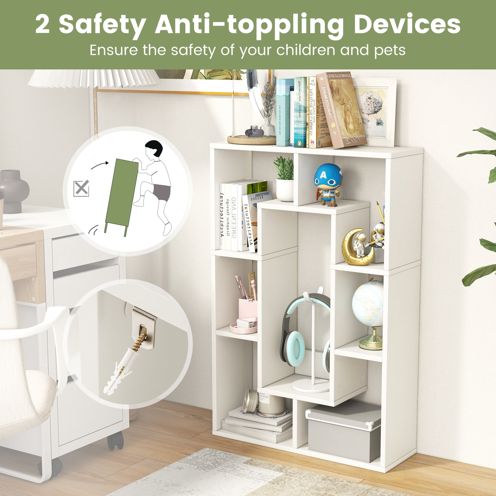 Topbuy 35.5” Geometric Bookshelf Open-back Bookcase w/ 7 Cubes Free-standing Storage Shelf Unit w/ Anti-Toppling Devices White