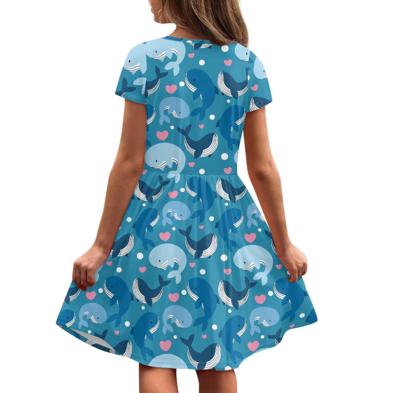 Uourmeti Whales Summer Dresses for Girls 2-14 Cute Short Sleeve Swing Dress Lightweight Soft Crewneck Knee Length A-Line Dresses with Pockets