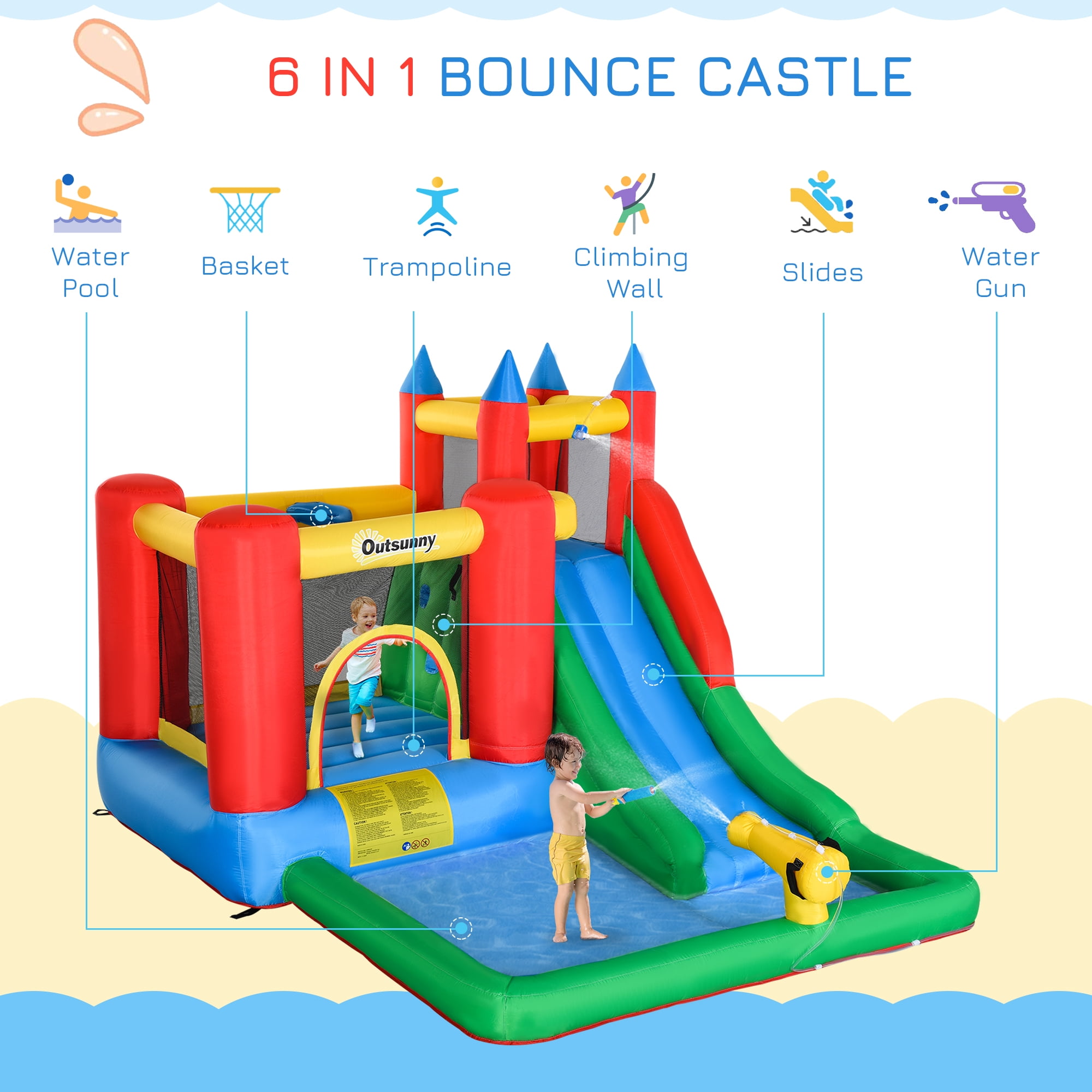 6-in-1 Kids Bounce House Inflatable Water Slide with Pool, Water Cannon, Climbing Wall & Basketball Hoop, Inflator Included, Backyard Outdoor Water Park