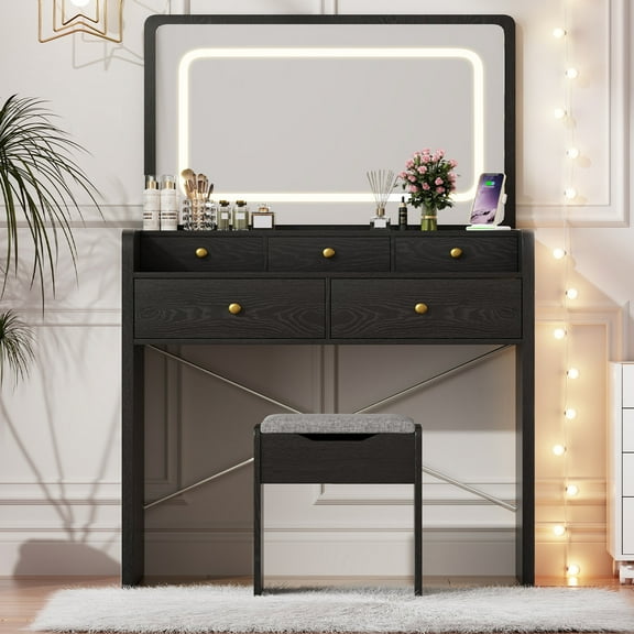 Cyehnenx Vanity Desk with Mirror and Adjustable Light, Storage Stool Bench, and Power Out Let, Black