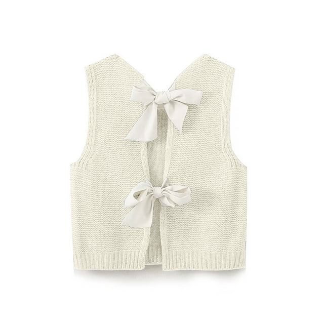 Gupgi Débardeurs Tricotés pour Femmes Gilet Nœud Papillon au Dos Chandail Gilet Haut Décontracté Sans Manches Crochet Cardigans Courts
