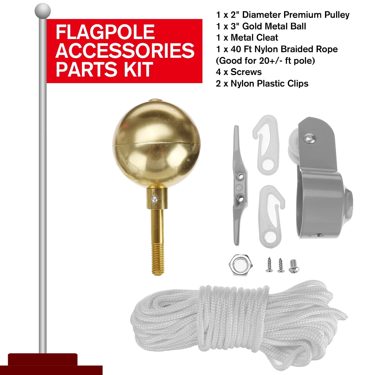 Flag Pole Parts Repair Kit 2 inch Diameter Truck Pulley Gold Ball Cleat