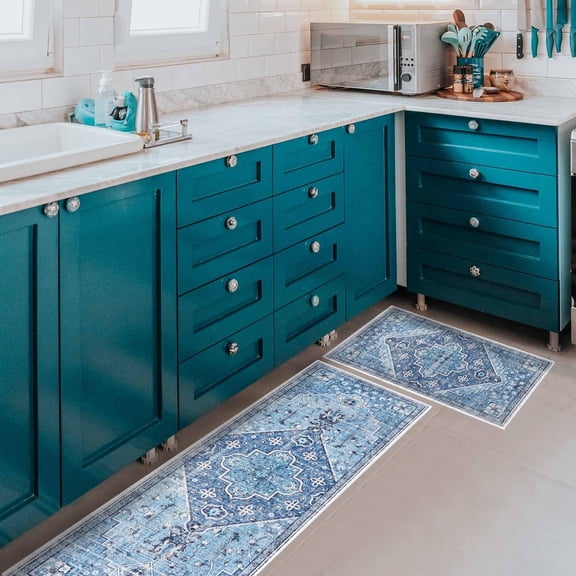 Bohemian Kitchen Rug, Boho Kitchen Decor, Blue Kitchen Rugs and Mats Non-Skid Washable, Boho Kitchen Mat Anti Fatigue Kitchen Floor Mats for in Front of Sink, Boho Kitchen Rug Sets 2 Piece