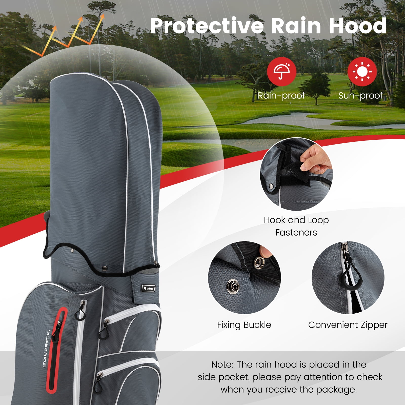 Topbuy 15-Way Golf Cart Bag Golf Club Bag with 15 Ways Organizer Divider Top 7 Zippered Pockets Cooler Bag Umbrella Holder Rain Hood Grey + Red