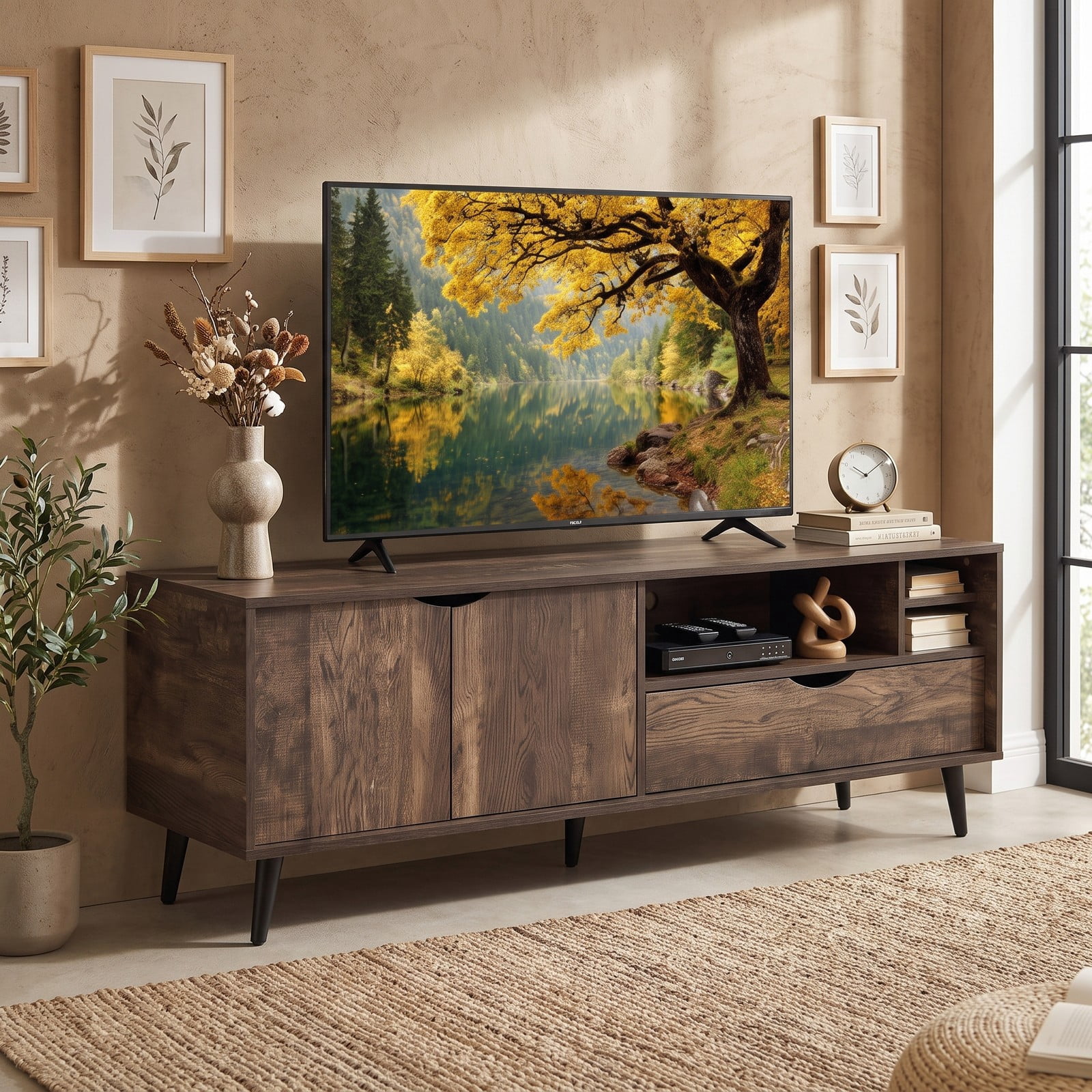 Furnibear Rustic TV Stand for TVs up to 65 Inches, Farmhouse Entertainment Center with 2-Door Cabinet, Storage Drawer and Open Shelves, Wood Media Console for, Brown