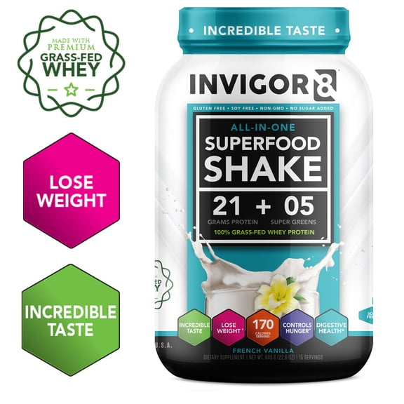 Invigor8: nutritional shake & green superfood - 100% grass fed-whey protein - french vanilla (645 grams)