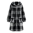 thumbnail image 3 of QQZ Plaid Fuzzy Fleece Hooded Coat For Women, Mid Length Button Front Long Sleeve Jacket, Womens Warm Casual Outerwear With Big Pockets For Fall Winter Home And Daily Wear, 3 of 5