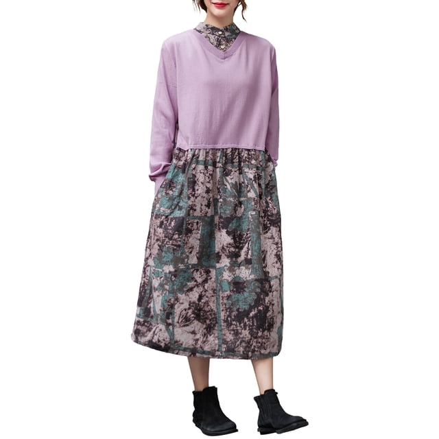 Vestido de manga larga para mujer, suelto, empalme, estampado vintage, bolsillos laterales, ves MABOTO Vestido de mujer