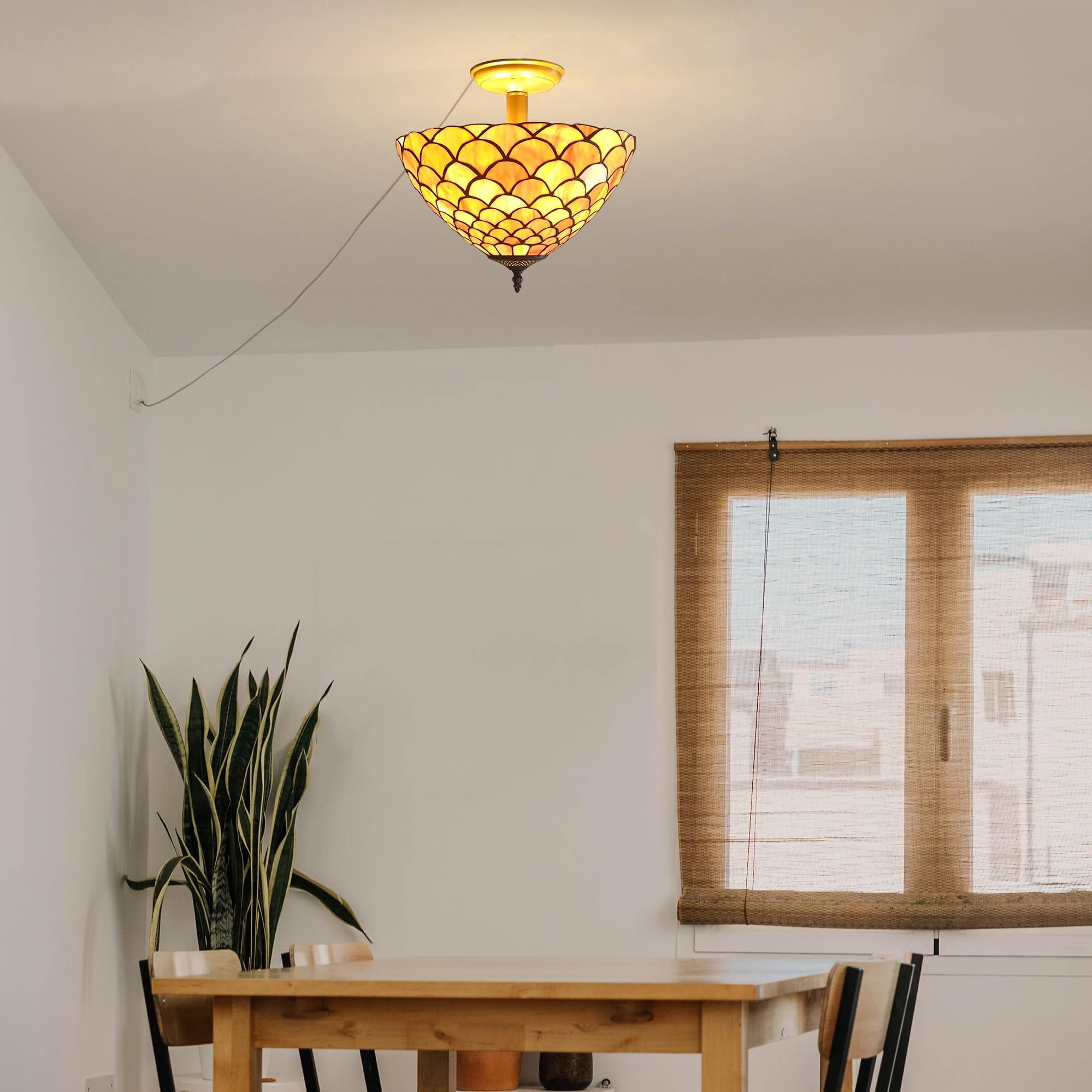 Kiven 13.8in Plug-in Flush Mount Ceiling Light Fixture, 3-Light Anti Glare Close to Ceiling Light with 15FT Cord, Tiffany-Style Glass Chandelier Dimmable for Bedroom Kitchen Hallway(No.3206)