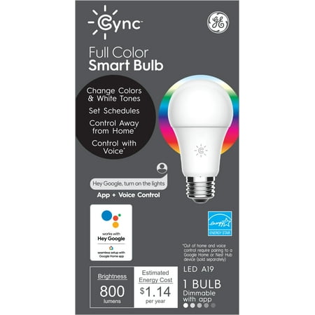 GE CYNC Smart Light Bulb, Full Color, App and Voice Control, Works with Google, 1pk